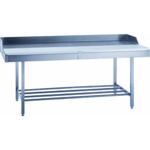 Stufenarbeitstisch Edelstahl, mit Ablagerost, L 2000 x B 900 x H 850 mm, geschweißte Ausführung, Oberfläche gebürstet, Stufe 400 x 30 mm, inkl. Kunststoffschneidplatten (weiß) Sonderaktion